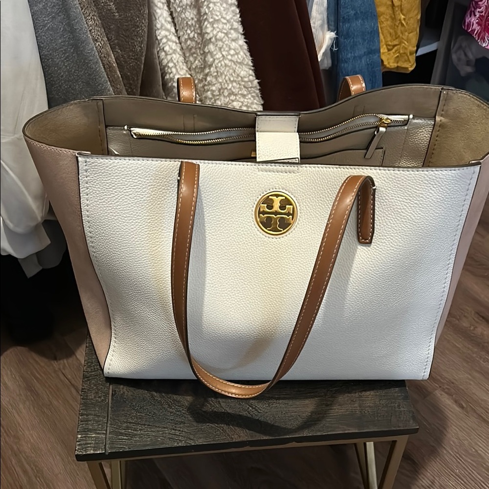 Tory Burch White and Tan Structured Tote